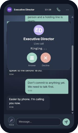 An incoming live call from the Executive Director, over an exchange of texts